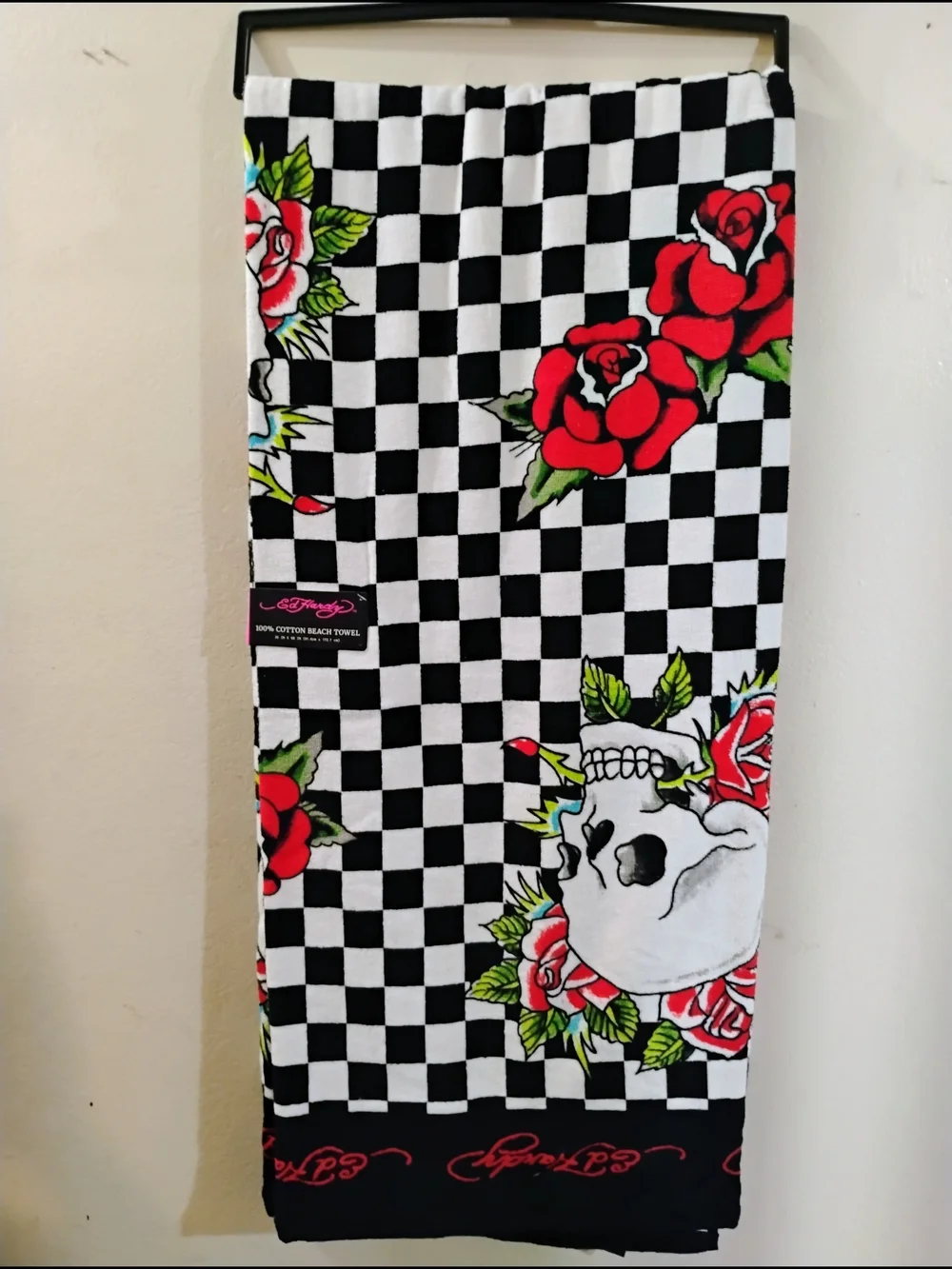 Ed Hardy Black & White Checkered Skull Rose Cotton Beach Towel.